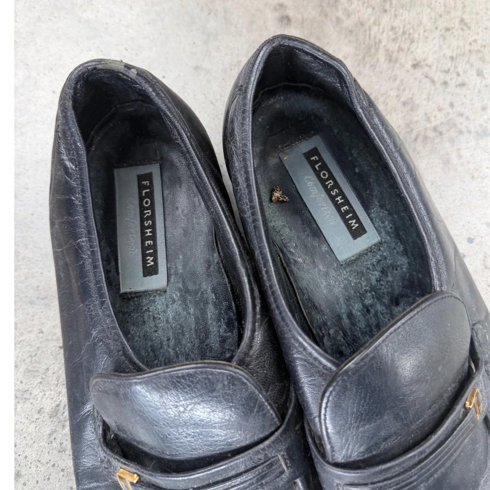 Vintage Florsheim Comfortech Mens Black Leather Loafers Gold Hardware 11 D Milan